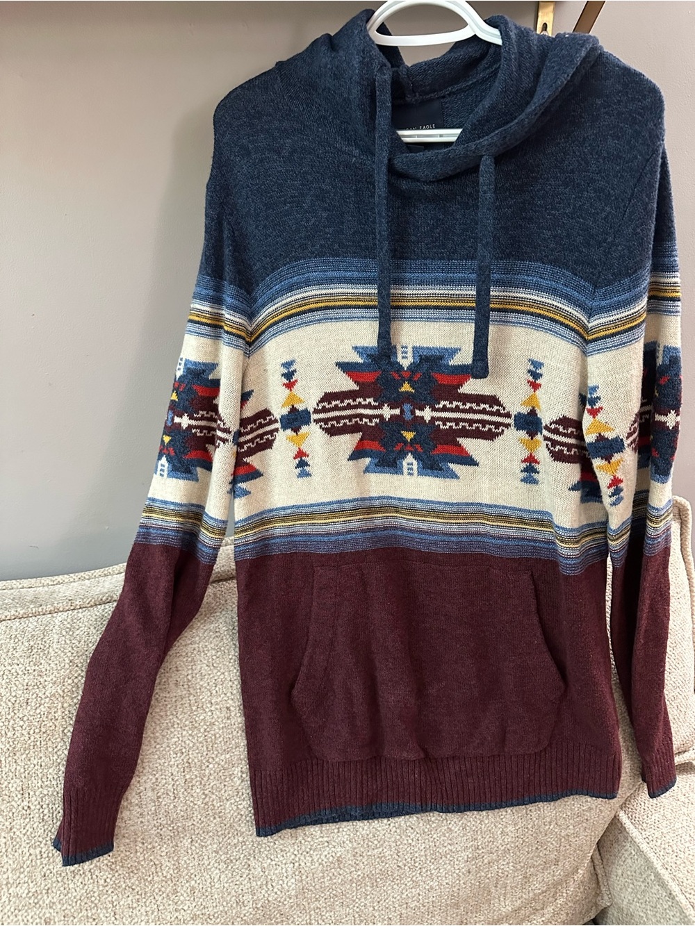 American Eagle Outfitters Aztec Crewneck Hoodie - Navy, Cream & Burgundy